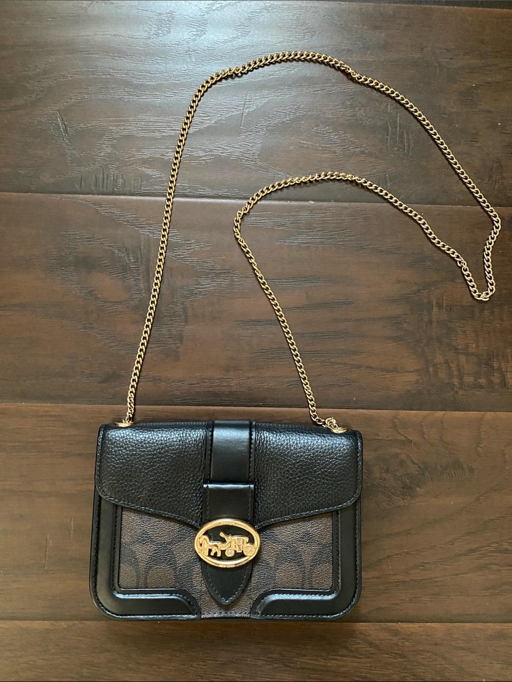 Coach Georgie Crossbody Gold Chain Monogrammed Brown Black 7287